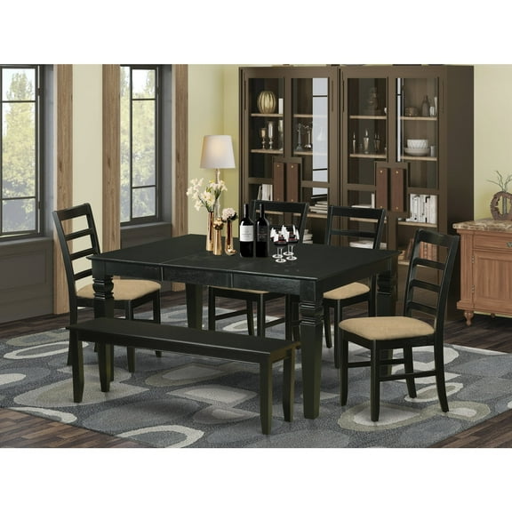 East West Furniture 6 Piece Dining Set- a Dining Table and 4 Linen Fabric Upholstered Chairs with a Bench, 42x60 Inch, Black