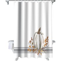 Fall Shower Curtain White Pumpkin Leaf Branch Fall Shower Curtains for Bathroom Decor Autumn Harvest Thanksgiving, Gray Stripes Bath Curtains Sets with Hooks Waterproof Standard Size 72" x 72"
