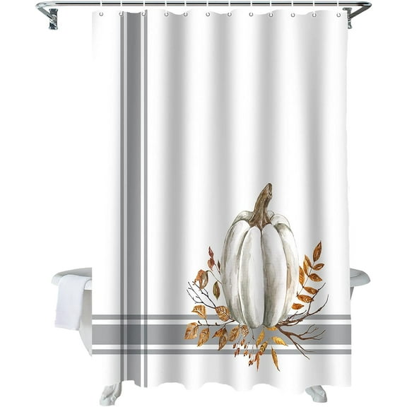 Fall Shower Curtain White Pumpkin Leaf Branch Fall Shower Curtains for Bathroom Decor Autumn Harvest Thanksgiving, Gray Stripes Bath Curtains Sets with Hooks Waterproof Standard Size 72" x 72"