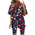 thumbnail image 2 of Pounoo Women's 2 Piece Outfits Knit Sets Independence Day Style Lightweight Breathable V Neck Short Sleeve Star Print Top And Biker Shorts Gift, 2 of 6