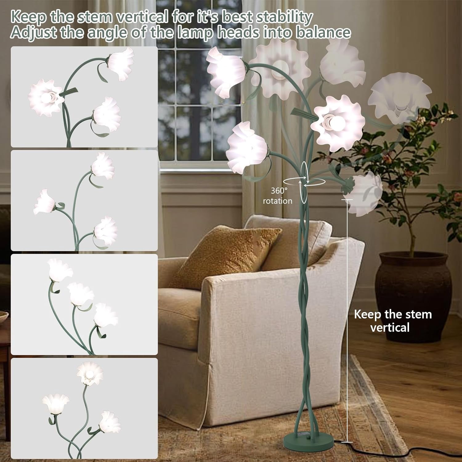 Vintage Flower Floor Lamp for Girls' Bedroom, Cute 3 Heads Floor Reading Light with Flexible Gooseneck, 3 Colors Modern Corner Standing Lamp with Lily for Living Room Office Home Decor,Bulbs Included