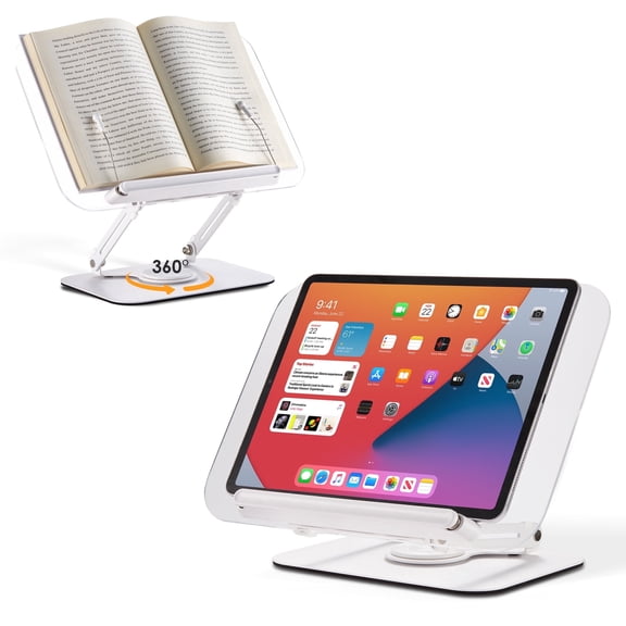 SupeDesk Adjustable Transparent Acrylic Book Stand with 360° Rotating Aluminum Alloy Base, Foldable Reading Holder for Books, Tablets & Laptops, Minimalist Desk Display and Cookbook Stand