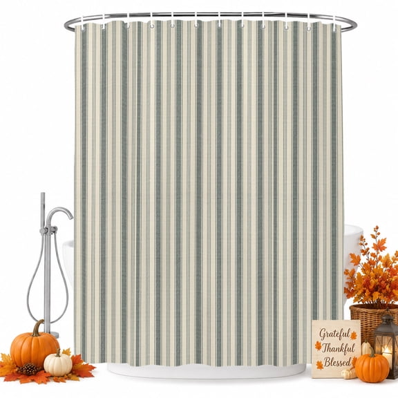 Dark Green Striped Shower Curtain Set - Extra Long 72" x 96" Washable Bathtub Curtain with 12 Hooks, Modern Stripes Vintage Beige Waterproof Fabric Stall Shower Curtains for Bathroom/Bathtub Décor