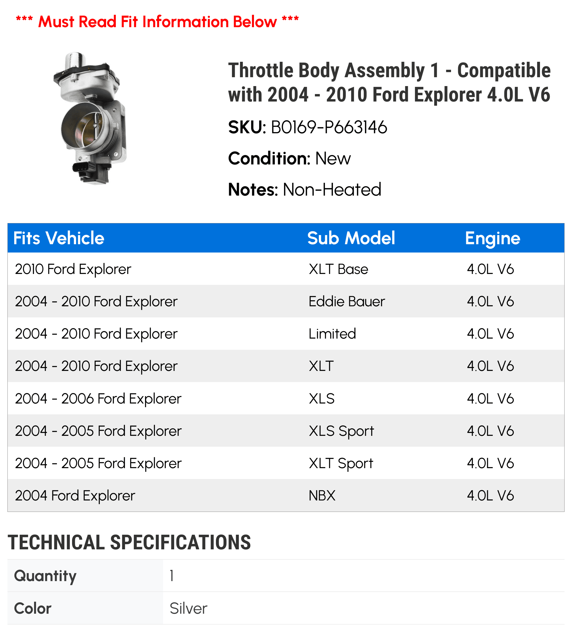 Throttle Body Assembly 1 - Compatible with 2004 - 2010 Ford Explorer 4.0L V6 - Autopart Premium