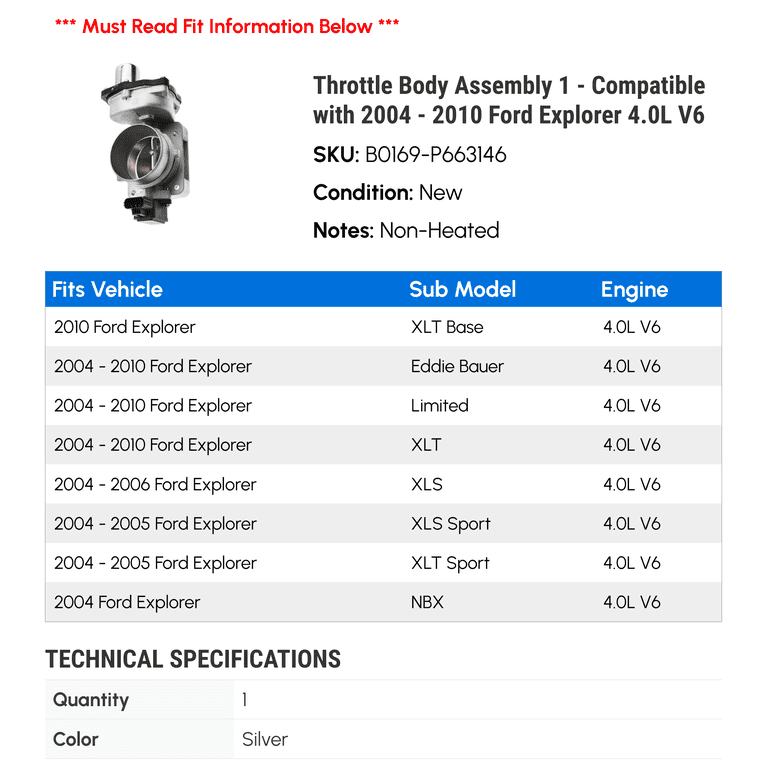 Throttle Body - Compatible With 2004 - 2010 Ford Explorer 4.0L V6 2005 2006 2007 2008 2009 Throttle Body - Compatible With 2004 - 2010 Ford Explorer 4.0L V6 2005 2006 2007 2008 2009
