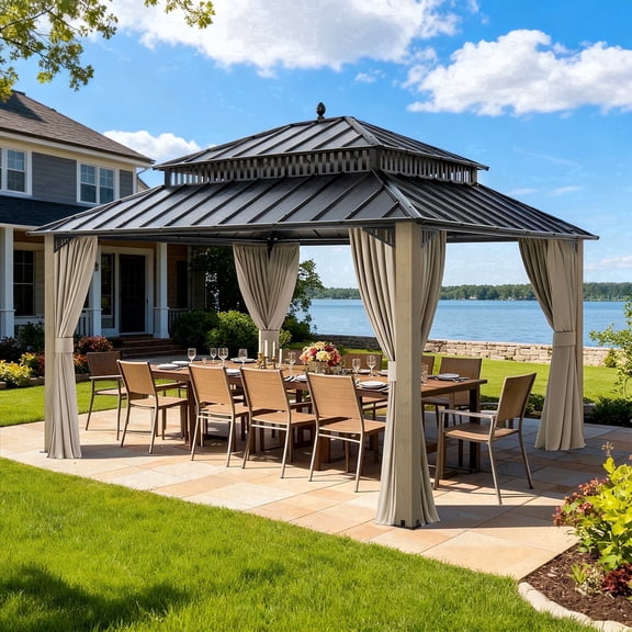 SUNJOY Kingston 14x12 Gazebo, Steel Hardtop Gazebo with Curtain and Netting - Cedar Posts