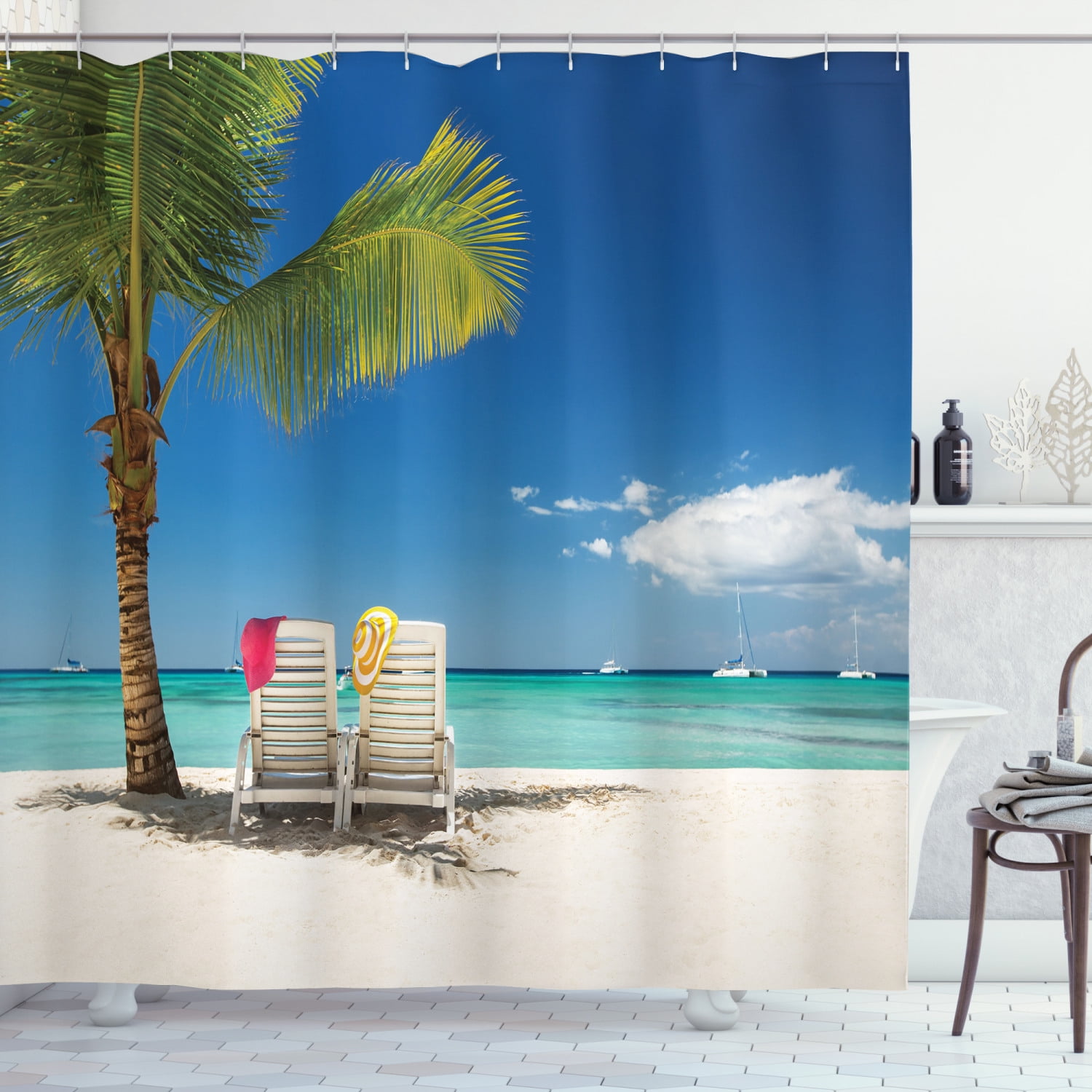Wooden Chairs on Relaxing Lakeside at Sunset Canada Image Shower Curtain Set 
