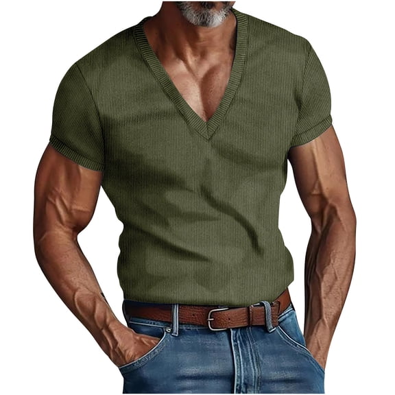 ZCFZJW Men's Knit Shirts Casual Stretch Summer Short Sleeve V Neck Pullover Tops Loose Lightweight Comfy Solid Color Basic Workout Tees Shirt Green XXXL