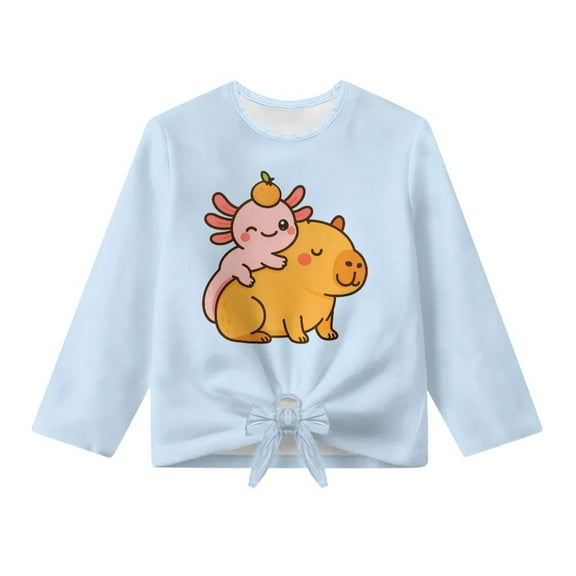 Xoenoiee Axolotl Capybara Print Girl's Long Sleeve Shirts Tie Front Knot Tops Tee Crew Neck T Shirt Pullover Tunic Sweatshirt for Beach Vacation, 5-6 Years