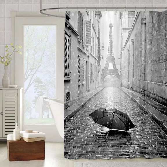 Lovers Rain Paris Love Shower Curtain Polyester 3D Printing Eiffel Tower Umbrella Curtain Shower Curtain Free Punch