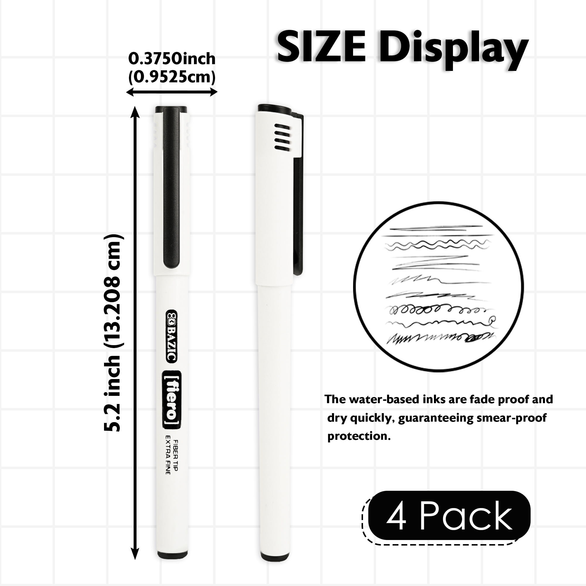 BAZIC Fiero Black Fiber Tip Fineliner Pen, 0.4mm Extra Fine Tip (4/Pack), 24-Pack