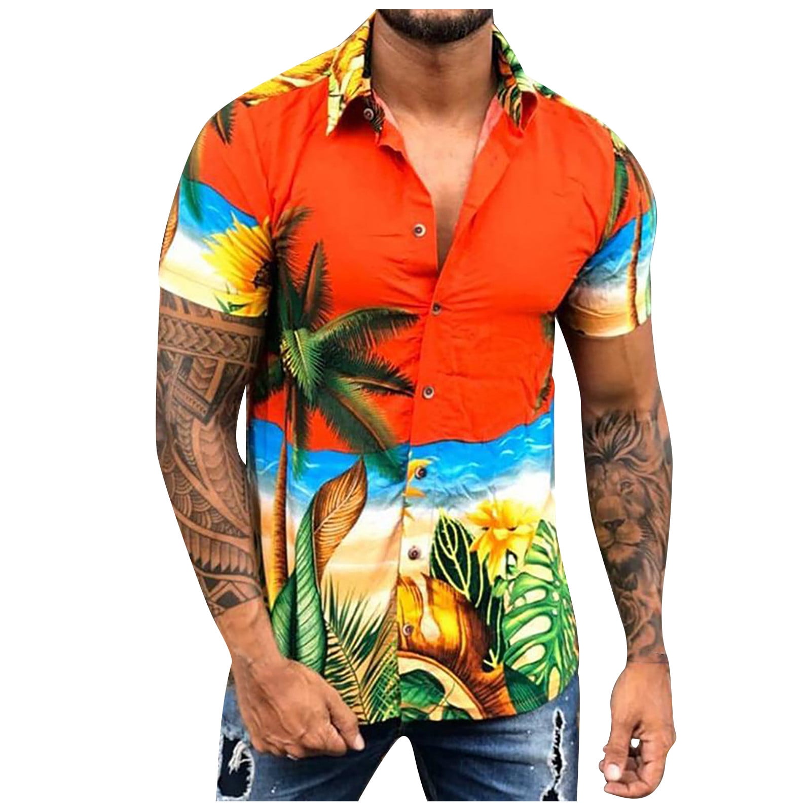 Mens Hawaiin Shirt Button Up Long Sleeve Casual Muscle T-Shirt Tops Blouse Pullover Jumper Sweatshirts Beach Yoga Top 