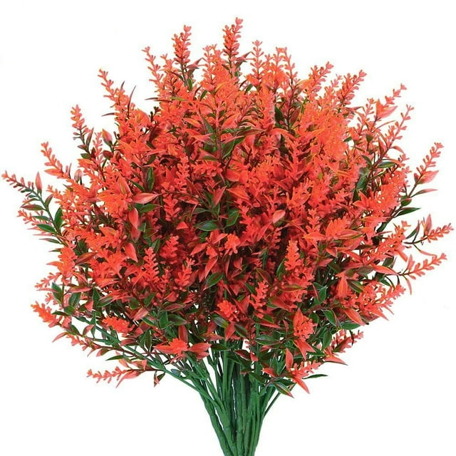 Nvzi 8 manojos de flores artificiales, plantas de exterior falsas, flores de lavanda artificiales anti-UV, arbustos de plástico, decoraciones colgantes para interiores y exteriores, 7 puntas (rojo)