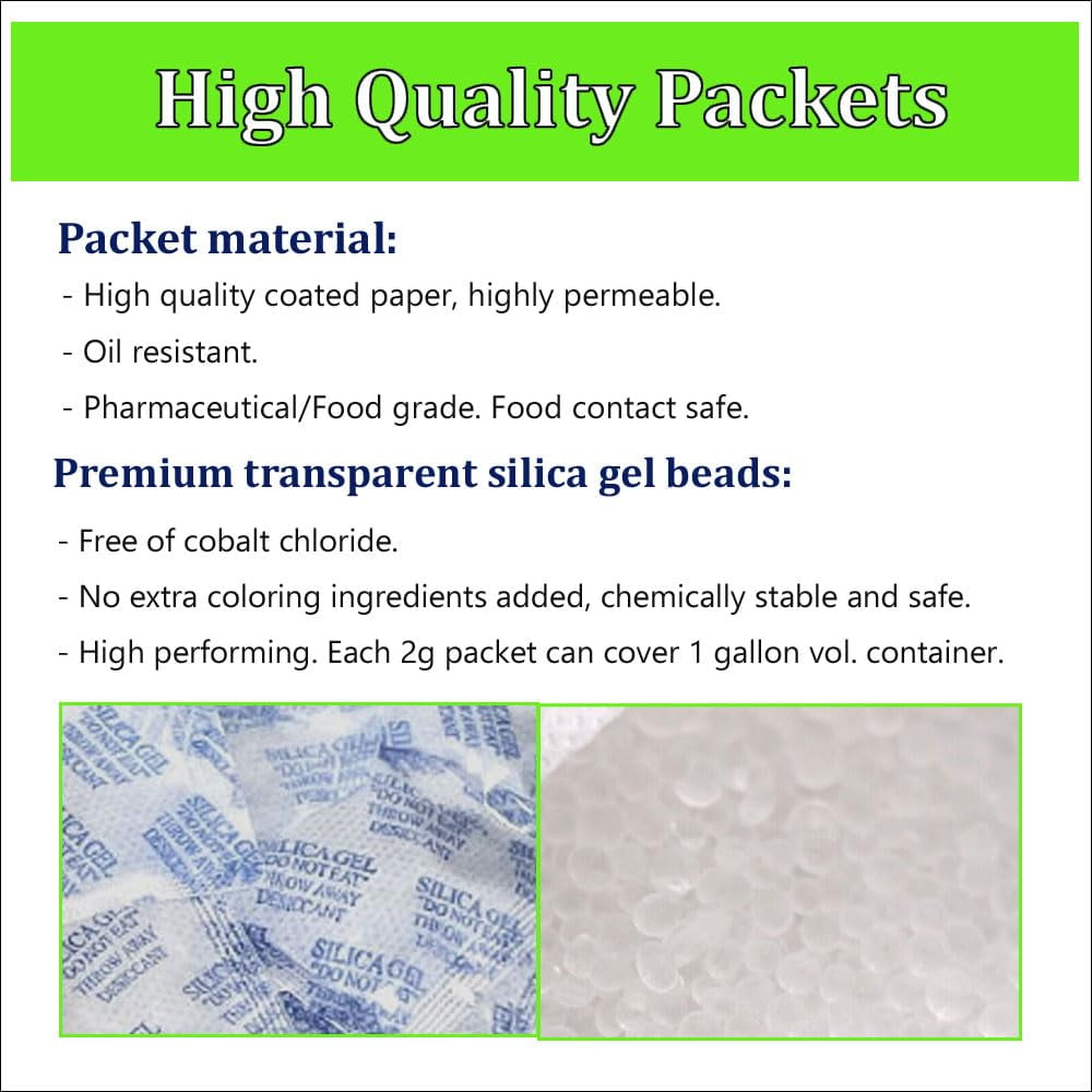 Silica Gel Packs 100 Packets 2 Gram Desiccant Moisture Absorber Oil  Resistant for Food Storage Safes 