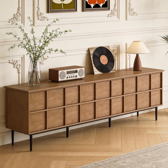86.61" Mid-Century Modern 6-Drawer TV Stand & Media Console, Multi-Layer Solid Wood Construction, High Weight Capacity, Living Room Storage Cabinet, Walnut