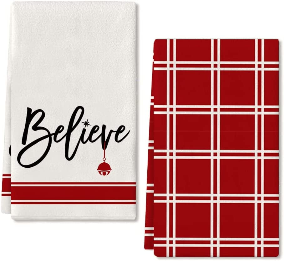 JOOCAR Christmas Kitchen Towels, Red and White Plaid Believe Bells