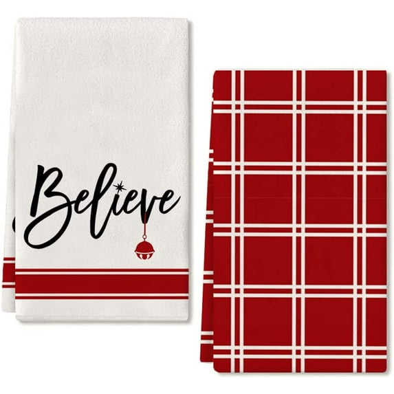 JOOCAR Christmas Kitchen Towels, Red and White Plaid Believe Bells Christmas Towels for Home Kitchen Holiday Decoration Housewarming Gift Towel Set of 2