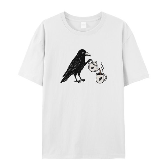 Women's Graphic T-Shirt Tops White L Black Bird Coffee Mug Women's Tops Crew Neck Short Sleeve Tees