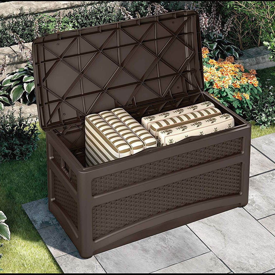 suncast outdoor 73 gallon garden patio storage chest with