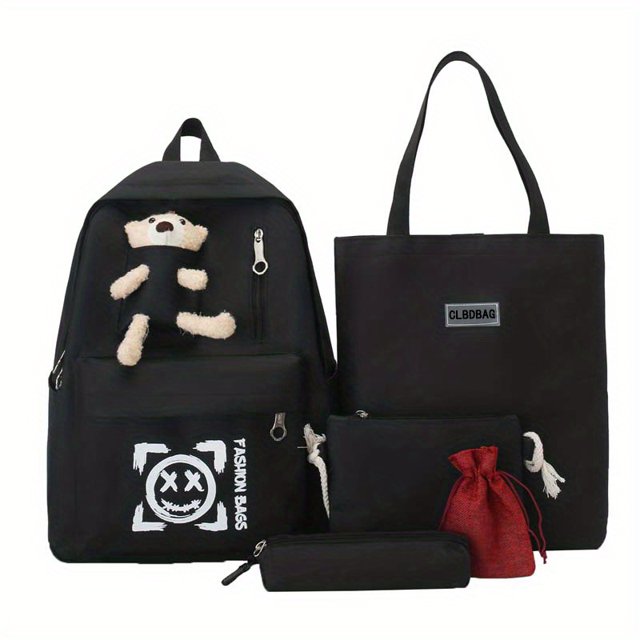 4pcs Oso Decor Gran Capacidad Mochila Tote Bolsa Estuche Para Lápices Set, Lona Duradera Ligera Mochila Escolar, Moda Viaje Bolsa De Comuter