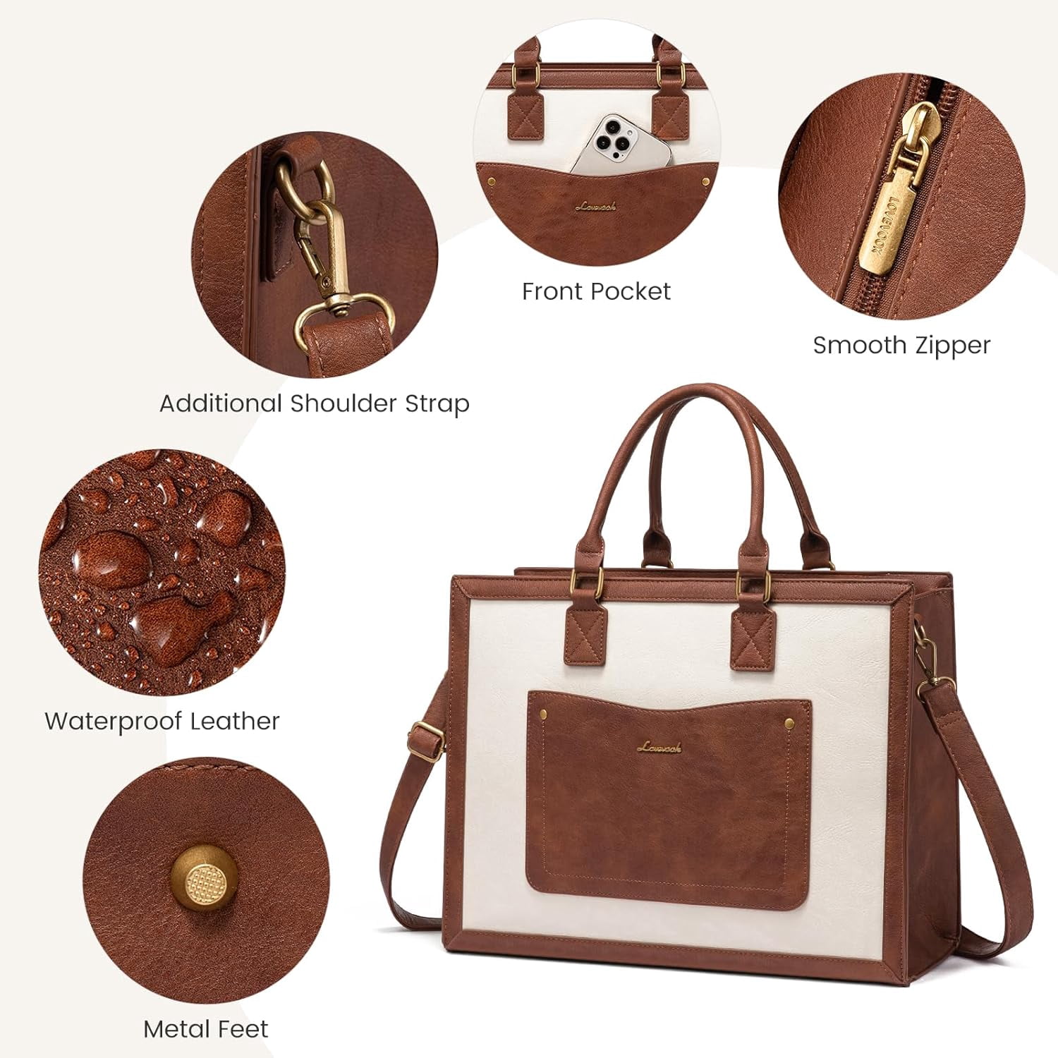 LOVEVOOK Laptop Tote Bag for Women, 15.6 Inch Work Bags, Vintage Leather Tote Bag, Waterproof Computer Bags with Clutch Purse, Large Capacity Messenger Bag for Teacher College Business Office