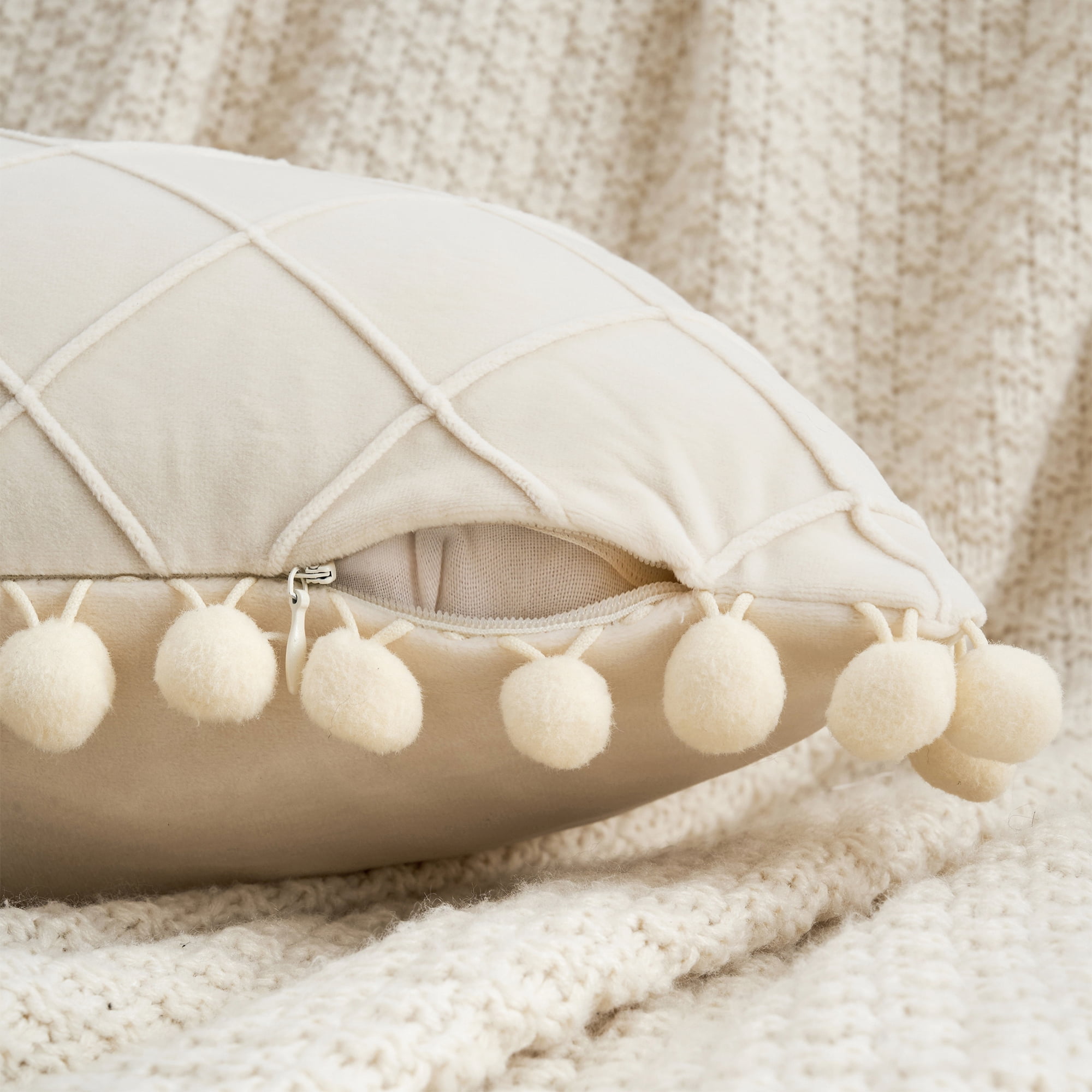 Unique Bargains Soft Pom-poms Velvet Throw Pillow Covers Beige 12" x 20"