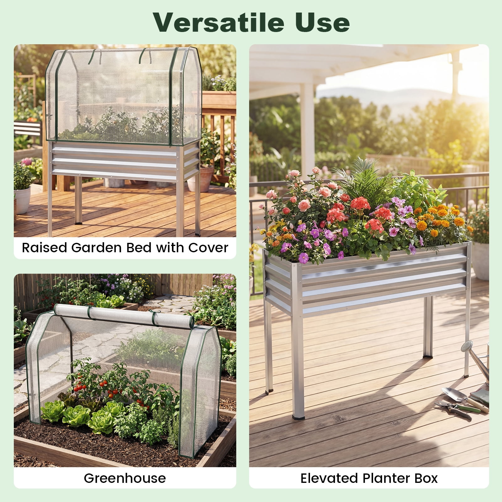 Costway 2 PCS Galvanized Raised Garden Bed with Legs Roll-up Door for Vegetable Flower Herb Silver