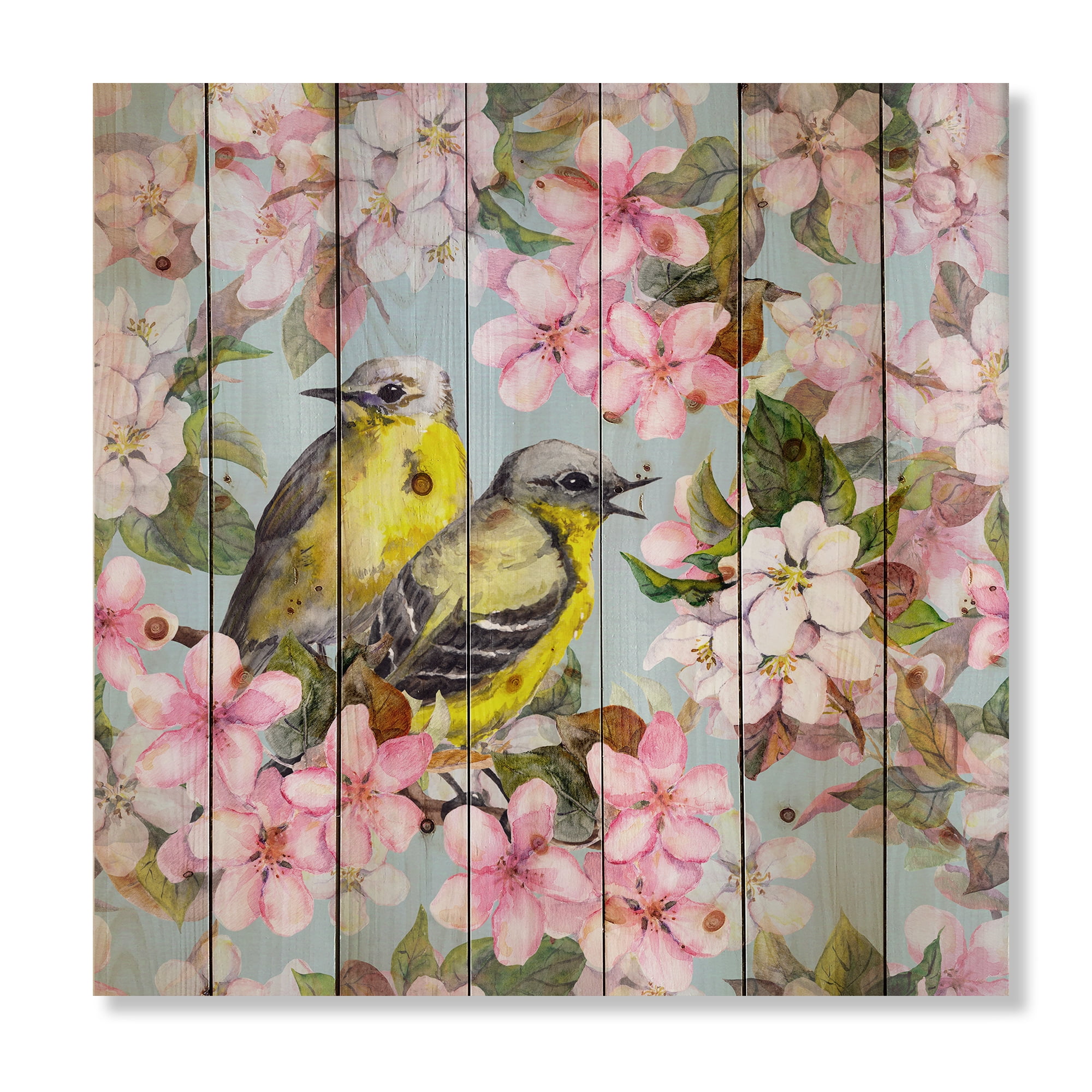 Designart 'Birds On Pink Cherry Sakura and Apple Flowers II' Traditional Print on Natural Pine Wood