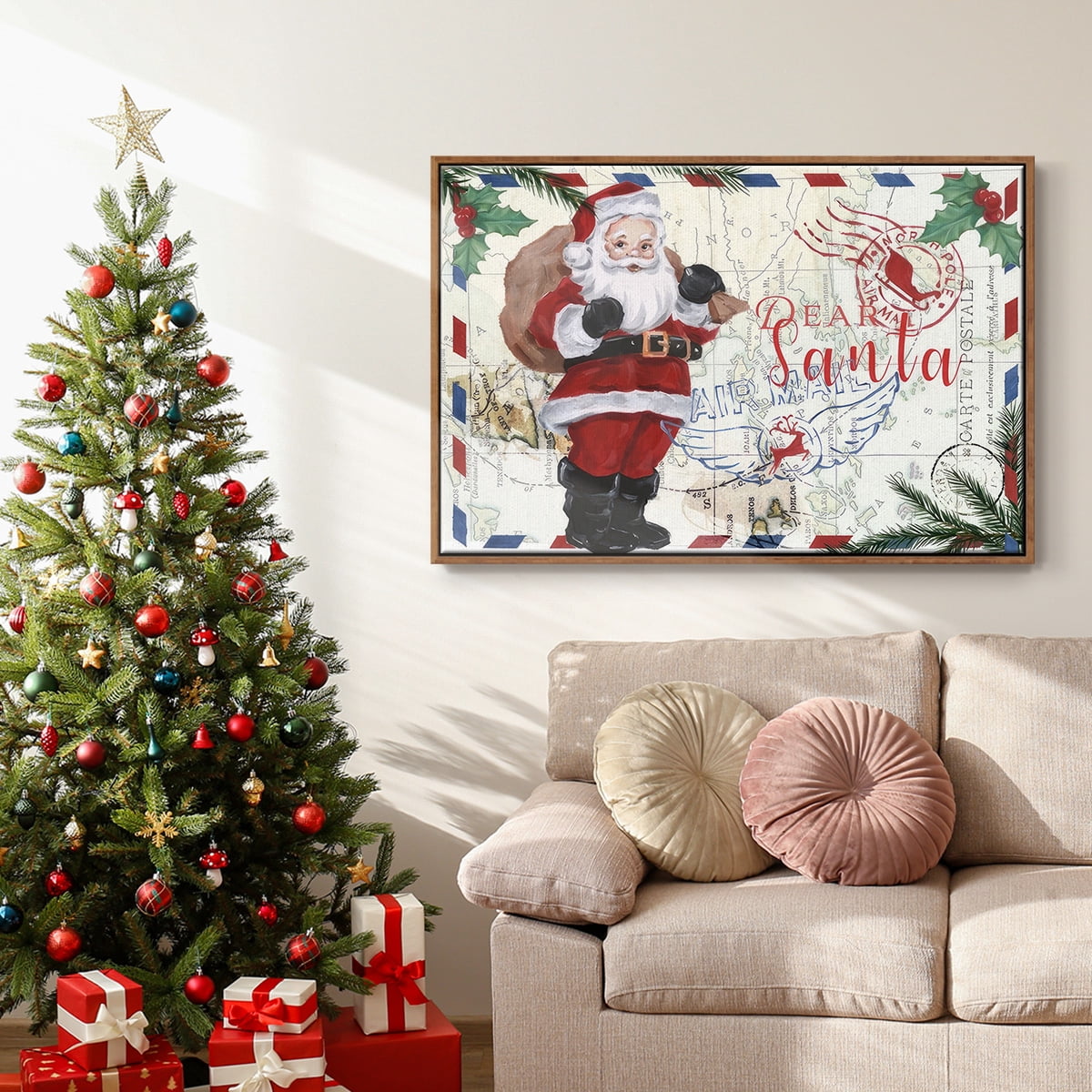 Christmas Par Avion Collection A - Framed Gallery Wrapped Holiday Canvas - 17 x 25 - Rosewood Frame
