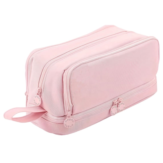 Apeya Pencil Pouch Large Capacity, 3 Compartments Pink Canvas Pencil Case, Multi-Functional Travel Makeup Bag Organizer for Office, 9.25x3.74x2 Inch