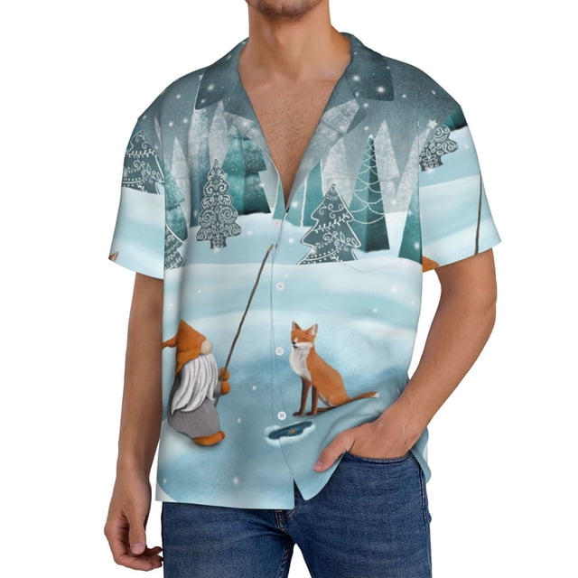Balery Gnome And Red Fox Fishing Camisa Casual de Manga Corta con Botones para Hombre, Texturizada, Estilo Cubano, para Playa, Verano-XX-Large