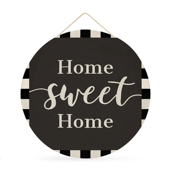 Round Welcome Sign for Front Door, Black Sweet Home Hanging Metal Farmhouse Wall Decor for Porch Entryway, Modern Art Black White Checkered Decoration for Holiday Housewarming Gift, 12 in