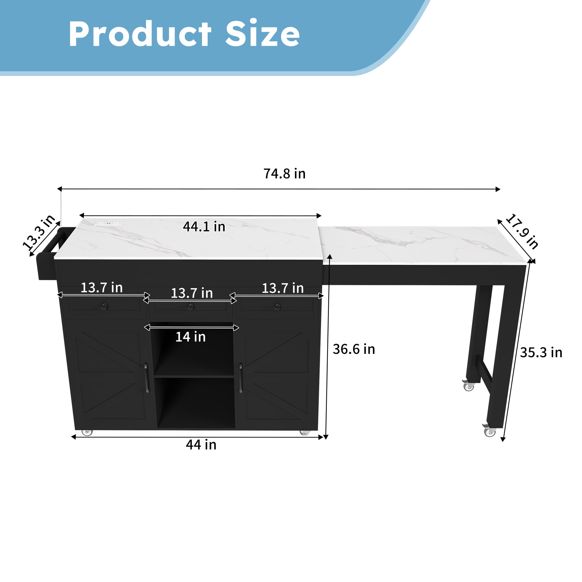 Leumius 74.8" Kitchen Island with Extendable Dining Table,Rolling Kitchen Island Cart on Wheels with 3 Drawers & Cabinet & Built-in Power Outlet,Island Table for Kitchen,Dining Room,Black