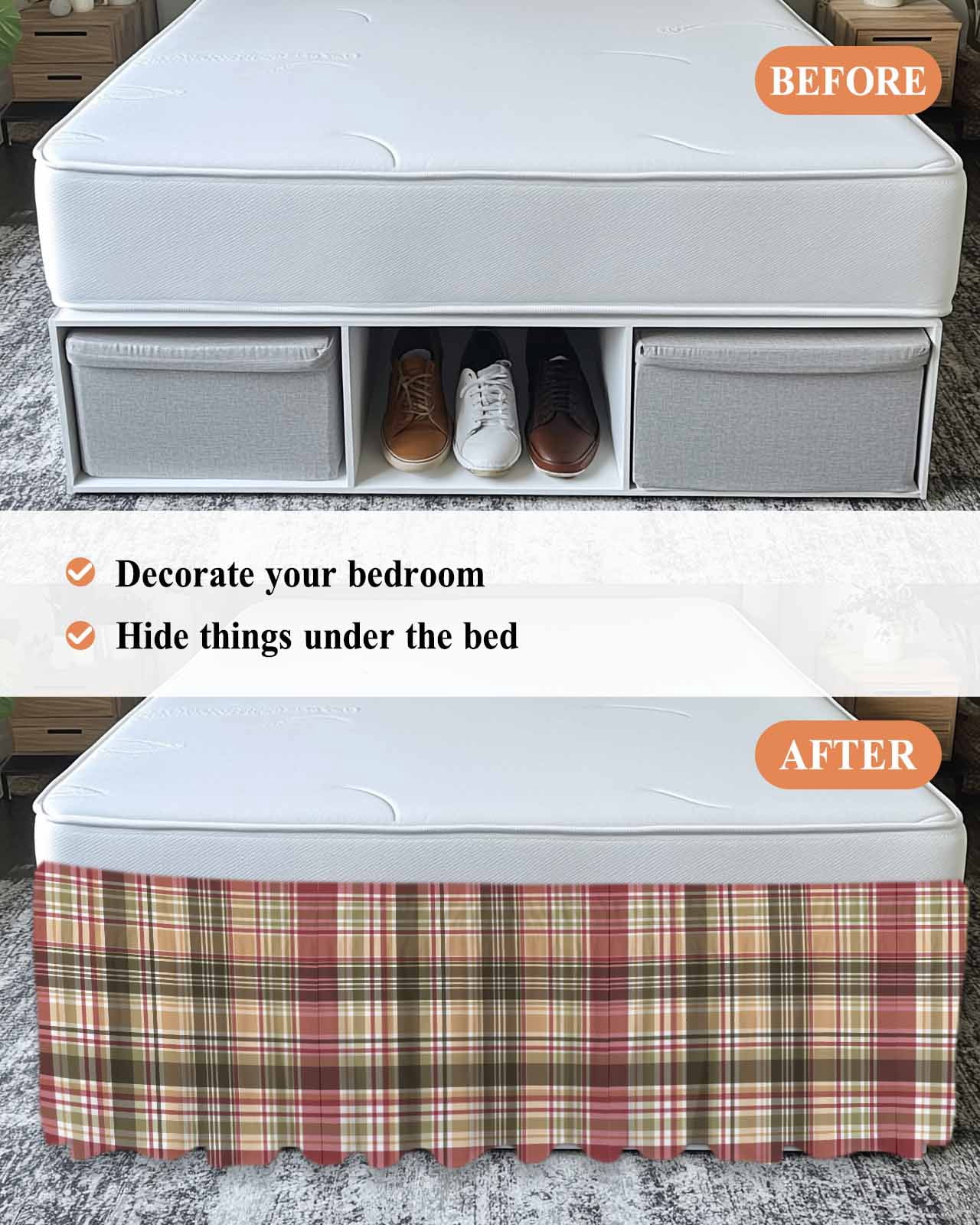 Buffalo Plaid Wrap Around Bed Skirts for Queen Bed 18" Drop,Bed Skirt with Adjustable Elastic Belt Dust Ruffle Bed Valance for Bedroom Hotel Luxury Modern Farmhouse Colorful Checkered Bed Frame Cover