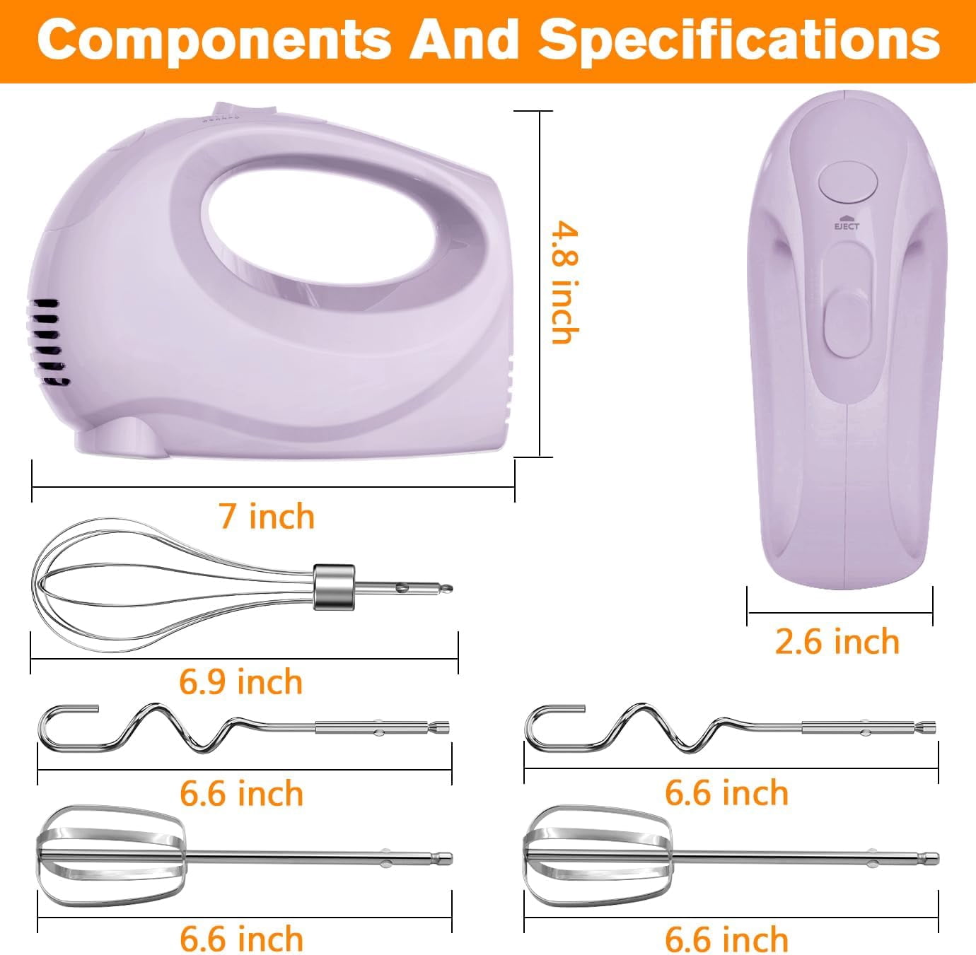 KitchenKey Handmixer Electric Handheld - 5 Speed Portable Kitchen Mixer Electric with 5 Stainless Steel Accessories Whisk, Food Beater for Whipping Mixing Cookies(Violet)