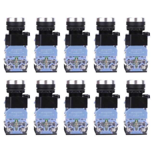 10 interruptores de botón de cabeza plana con autobloqueo BEM38-11DS, CA/CC 24 V, 1 encendido y 1 apagado (luz azul)