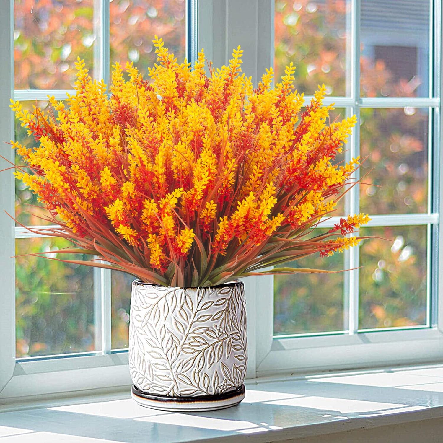 10 Bundles Artificial Plants Outdoor Fake Monkey Grass with Flowers (Fall Orange)
