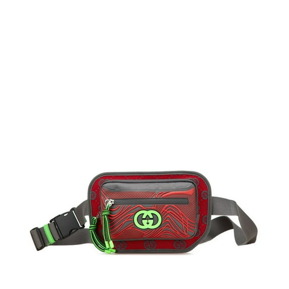 Pre-Owned Gucci GG Nylon Belt Bag, Body Waist Bag 752102, Red, Gray, Nylon, Rubber,... (Good)