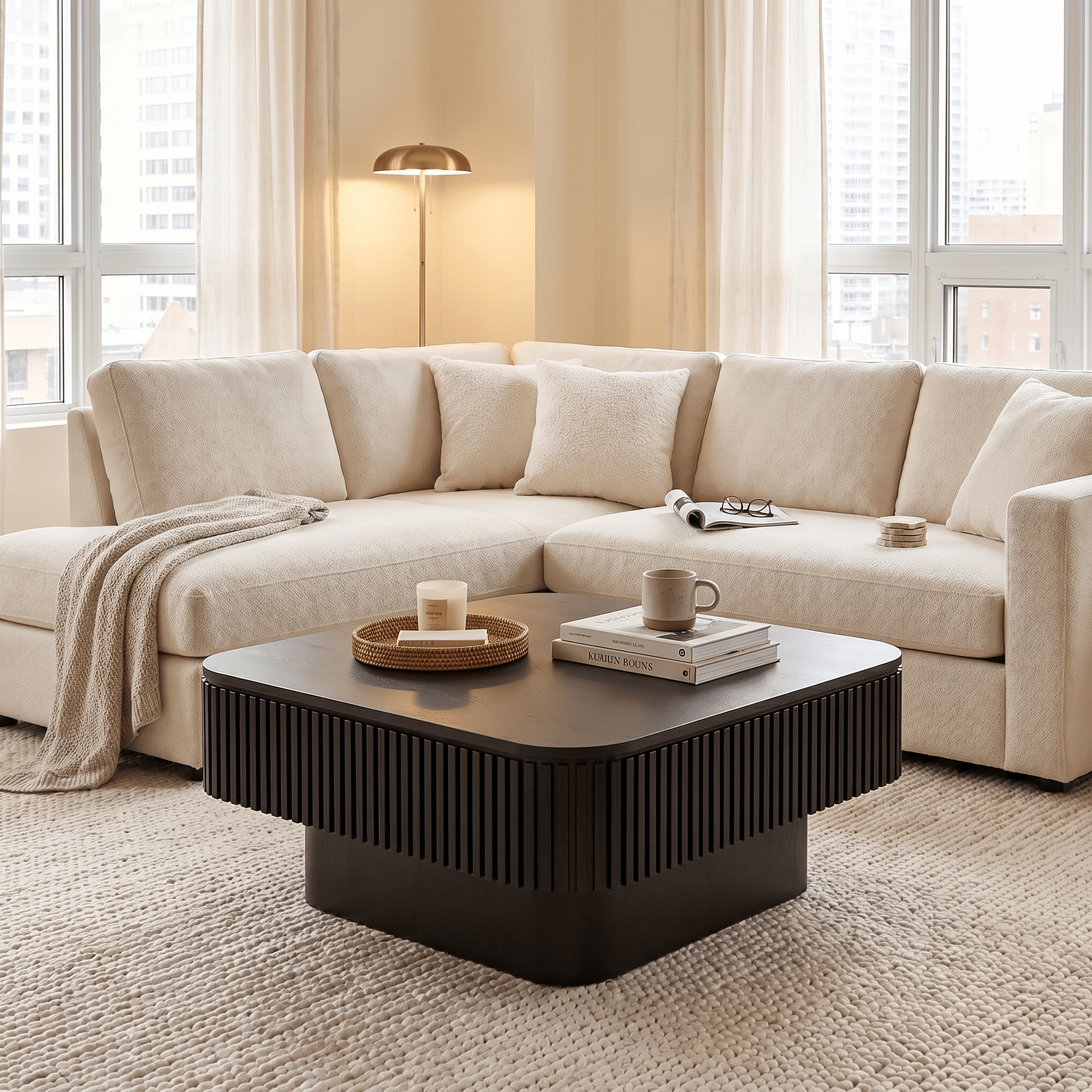 Homy Casa 31.5 in Modern Fluted Square Coffee Table with Hidden Storage for Living Room Black