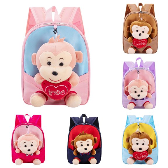 GobdXE Back To School Unisex Student Detachable Plush Monkey Doll Mini Backpack Love Heart Embroidery Front Pocket Water Resistant Daypack Size:One Size