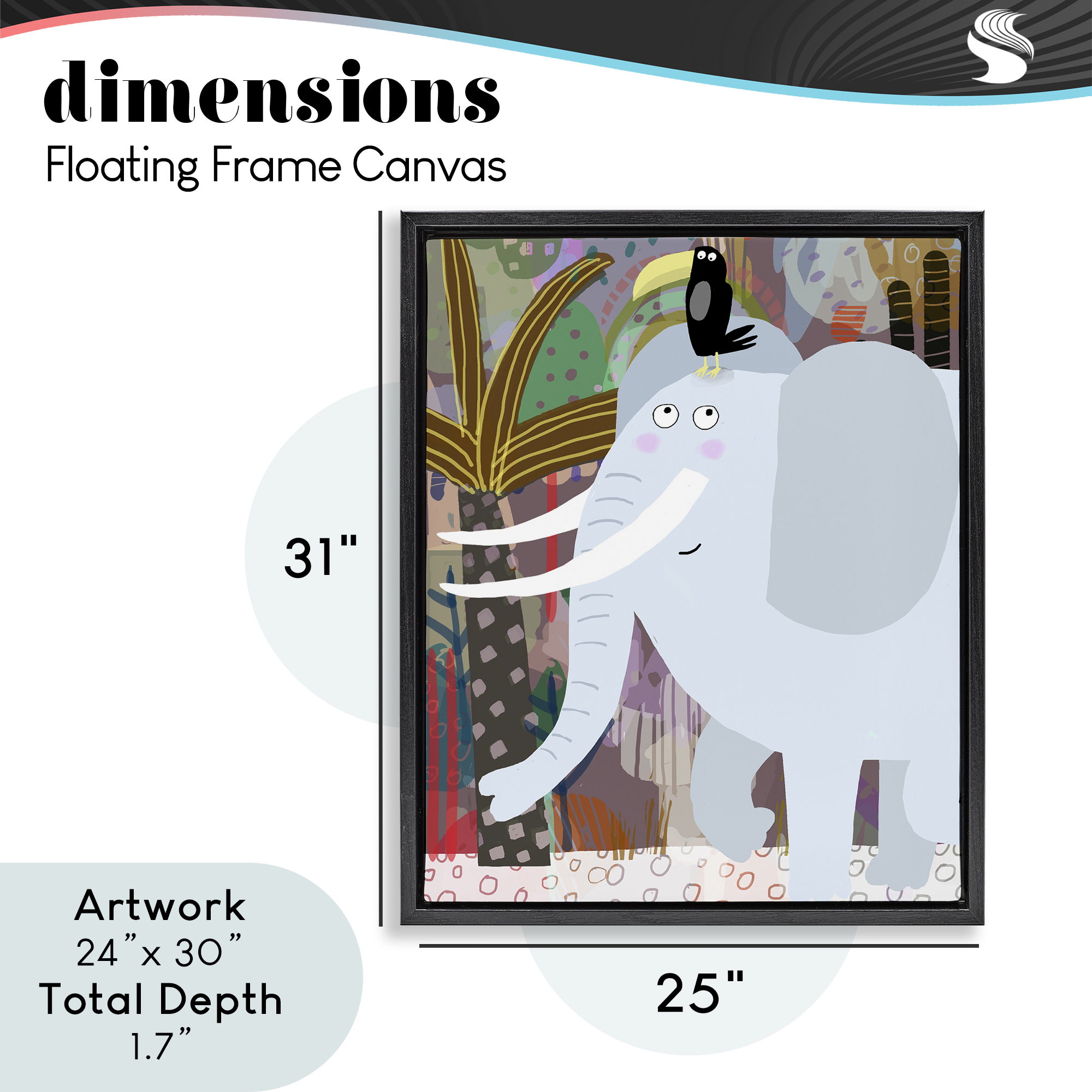 Elephant & Toucan in Jungle Black Framed Floater Canvas Wall Art, design by Carla Daly