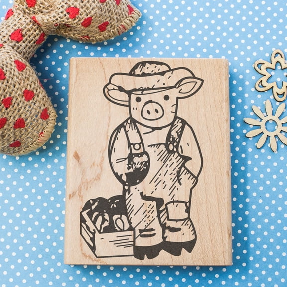 Pig Farmer Art Rubber Stamp, Laser Engraved Craft Stamp on Wood Mounted Block, Size 1-3/4” x 1-3/4”, Made in USA