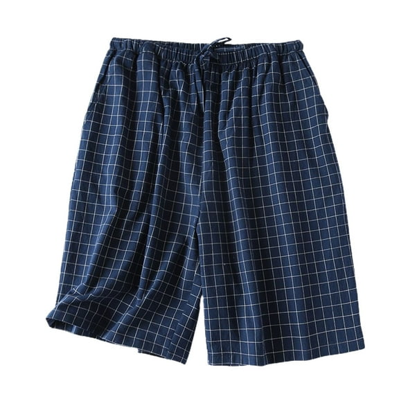 SWSMCLT Men's Pajamas Shorts Soft Pjs Summer Thin Lounge Drawstring Pj Shorts Plaid Printed Cool Cotton Short Navy X-Large