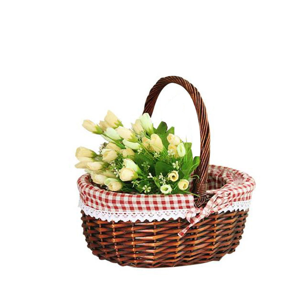 Natural Rattan Woven Picnic Basket with Lace for Christmas Decoration Oval Easter Storage Basket with Handle for Egg Gathering Wine Wicker Storage Basket