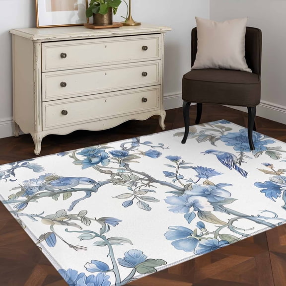 3'x5' Area Rugs, Blue Floral Birds Indoor Outdoor Area Rug for Living Room Bedroom, Farmhouse Flowers Pastoral Washable Bathroom Rugs Kitchen Floor Carpet Mats Home Decor Aesthetic