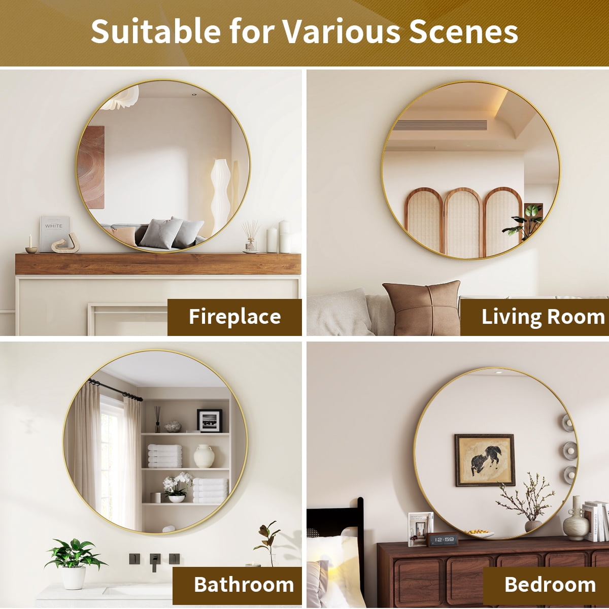 Easy4Home 30 Inch Round Wall Mirror Aluminum Alloy Framed Circle Bathroom Mirror Wall Mounted, Gold