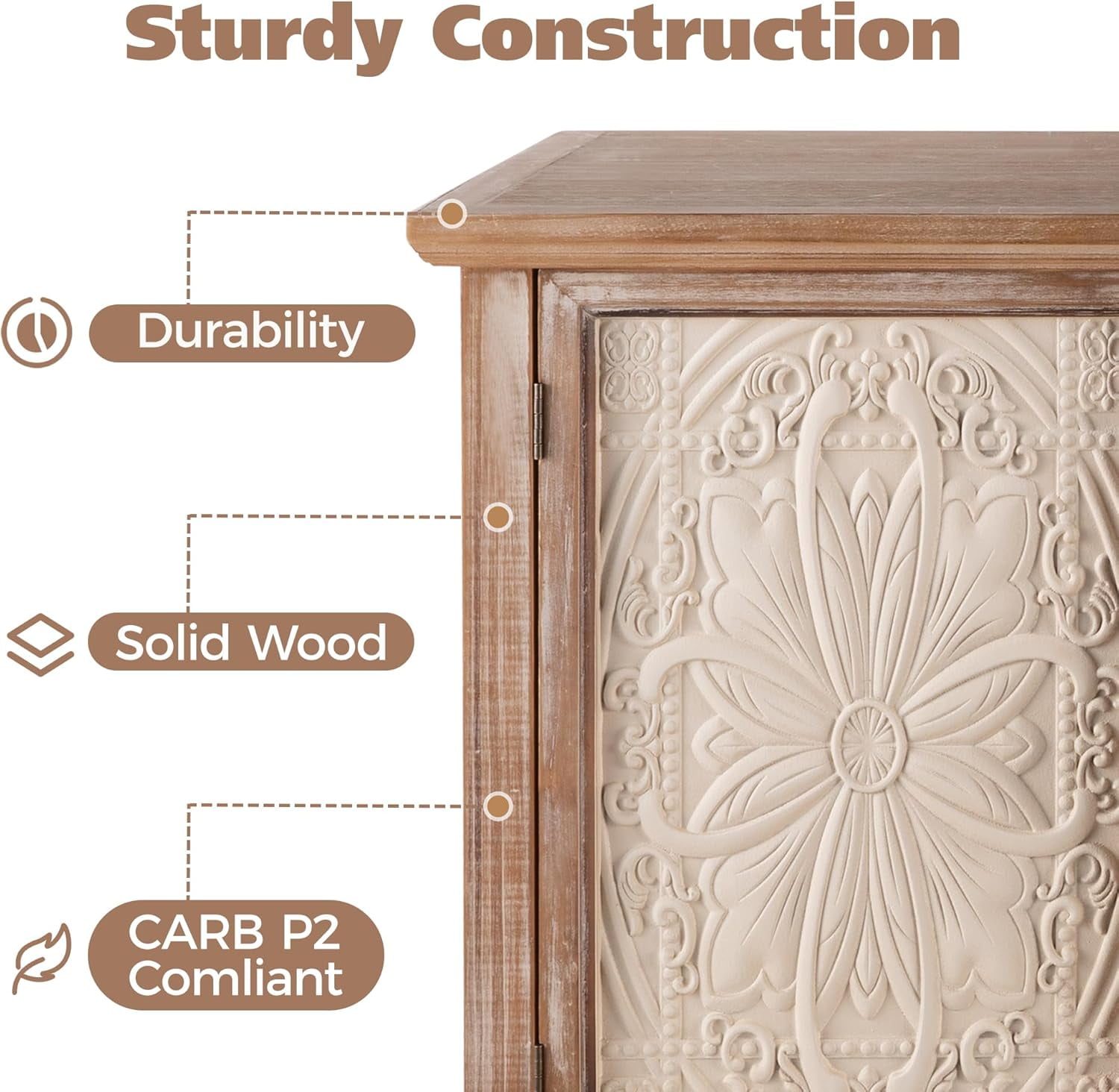 CozyHome Vintage Sideboard Buffet Cabinet with 3 Carved Doors, Rustic Accent Cabinet Storage Cabinet with Shelves, Wood Entryway Cabinet for Kitchen, Dining Room, Living Room, Bedroom, Natural