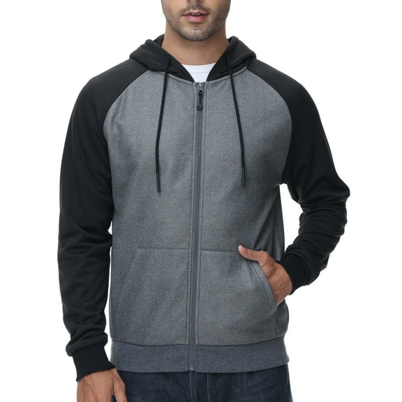 Weilanxin Men's Color Block Pullover Fleece Hoodie Casual Hooded Sweatshirts Tops Full Zip Jacket with Pocket Athletic Hoodies For Men Black Contrast Dark Grey L