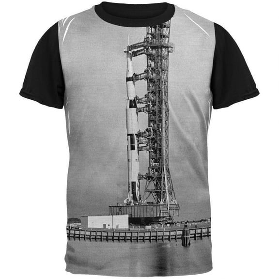 Apollo 8 Saturn 5 Rocket Black and White Adult Black Back T-Shirt - Medium
