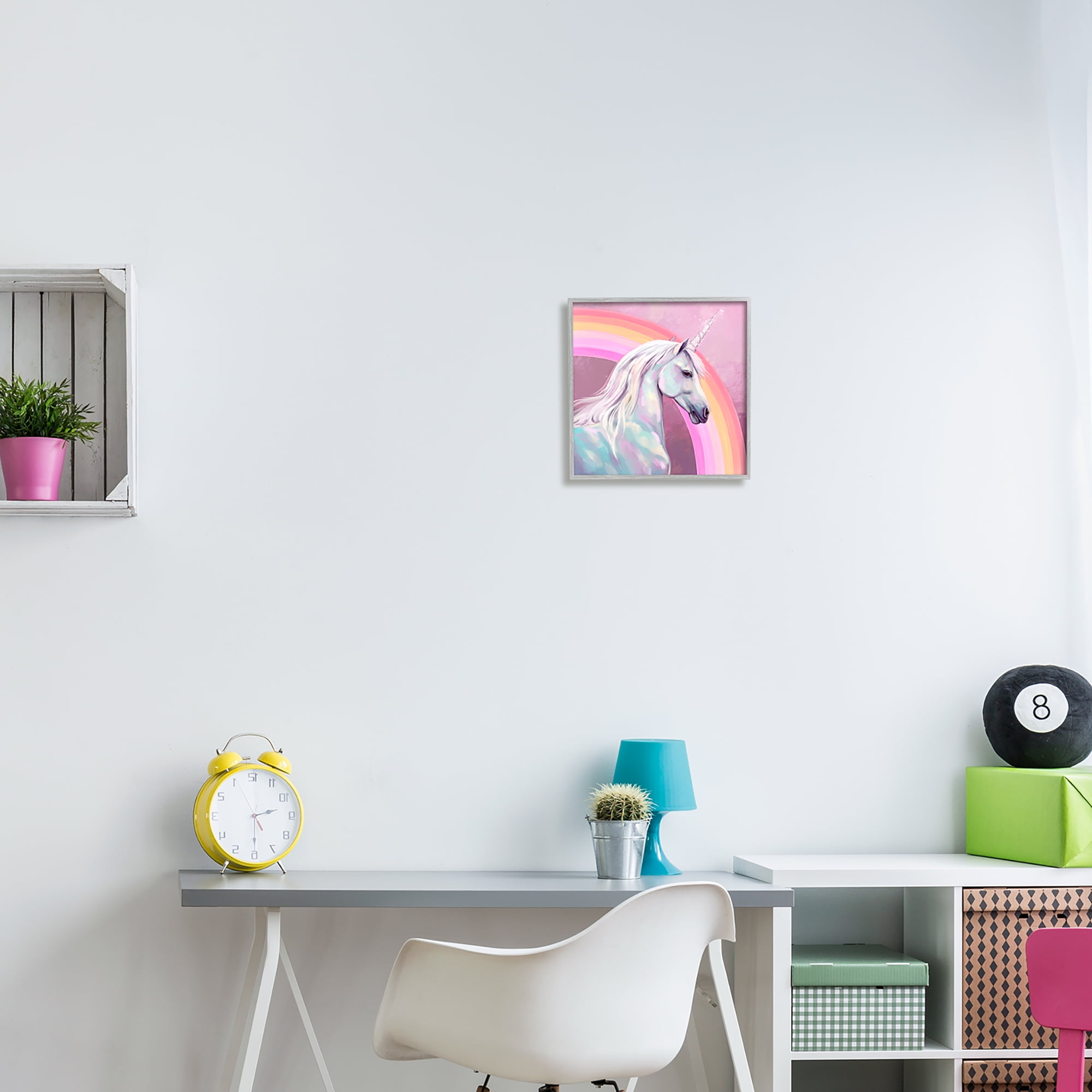 Stupell Industries Unicorn & Rainbow Portrait Fairy Tales & Fantasy Painting Gray Framed Art Print Wall Art, 12 x 12